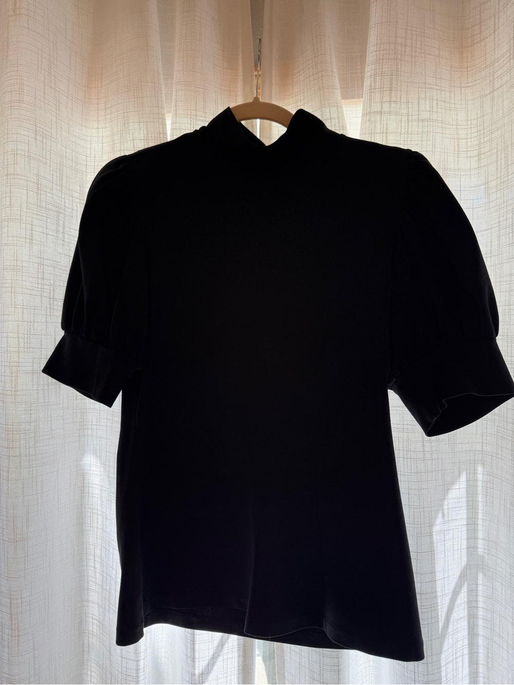 Ann Taylor Black Puff Sleeve Mock Neck Blouse